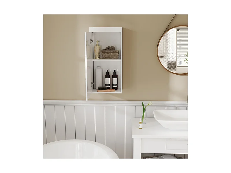 Armoire murale, avec porte, 2 étagères, meuble de rangement, bois, blanc (37.2x24.5x76.8 cm)