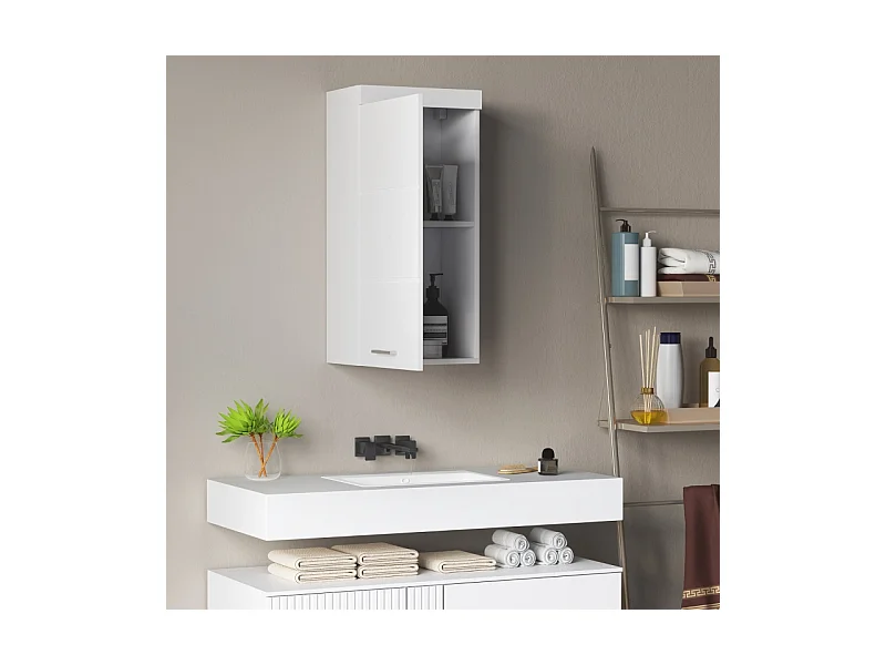 Armoire murale, avec porte, 2 étagères, meuble de rangement, bois, blanc (37.2x24.5x76.8 cm)