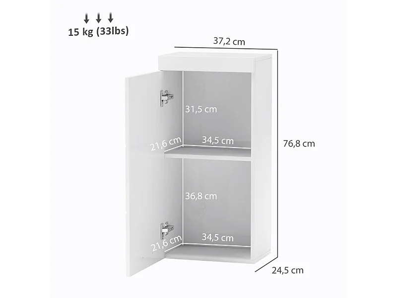Armoire murale, avec porte, 2 étagères, meuble de rangement, bois, blanc (37.2x24.5x76.8 cm)
