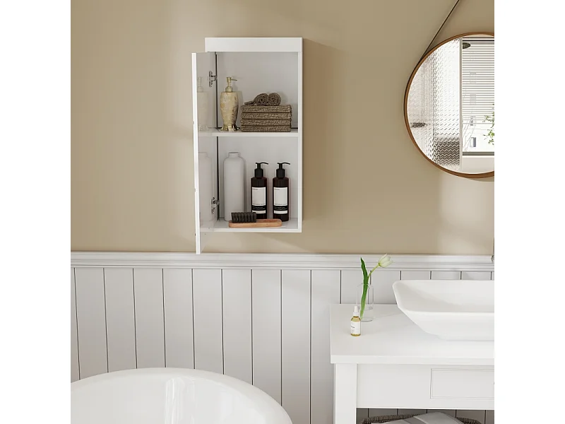 Armoire murale, avec porte, 2 étagères, meuble de rangement, bois, blanc (37.2x24.5x76.8 cm)