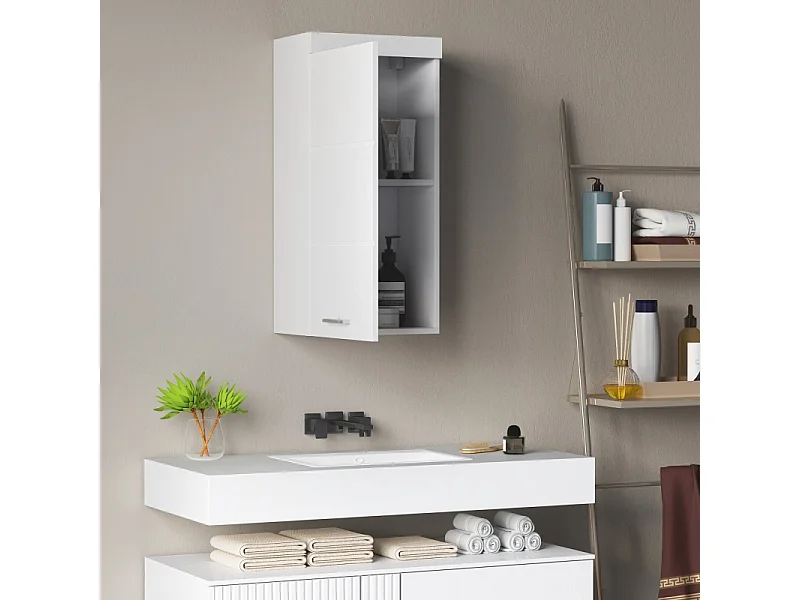 Armoire murale, avec porte, 2 étagères, meuble de rangement, bois, blanc (37.2x24.5x76.8 cm)