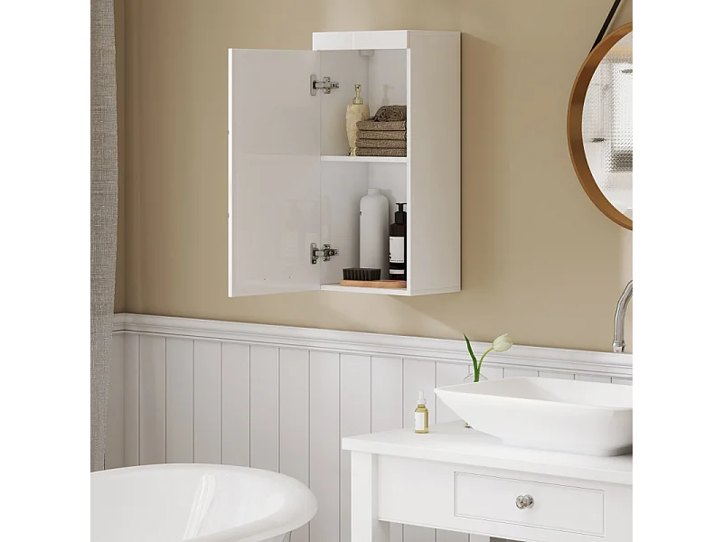 Armoire murale, avec porte, 2 étagères, meuble de rangement, bois, blanc (37.2x24.5x76.8 cm)