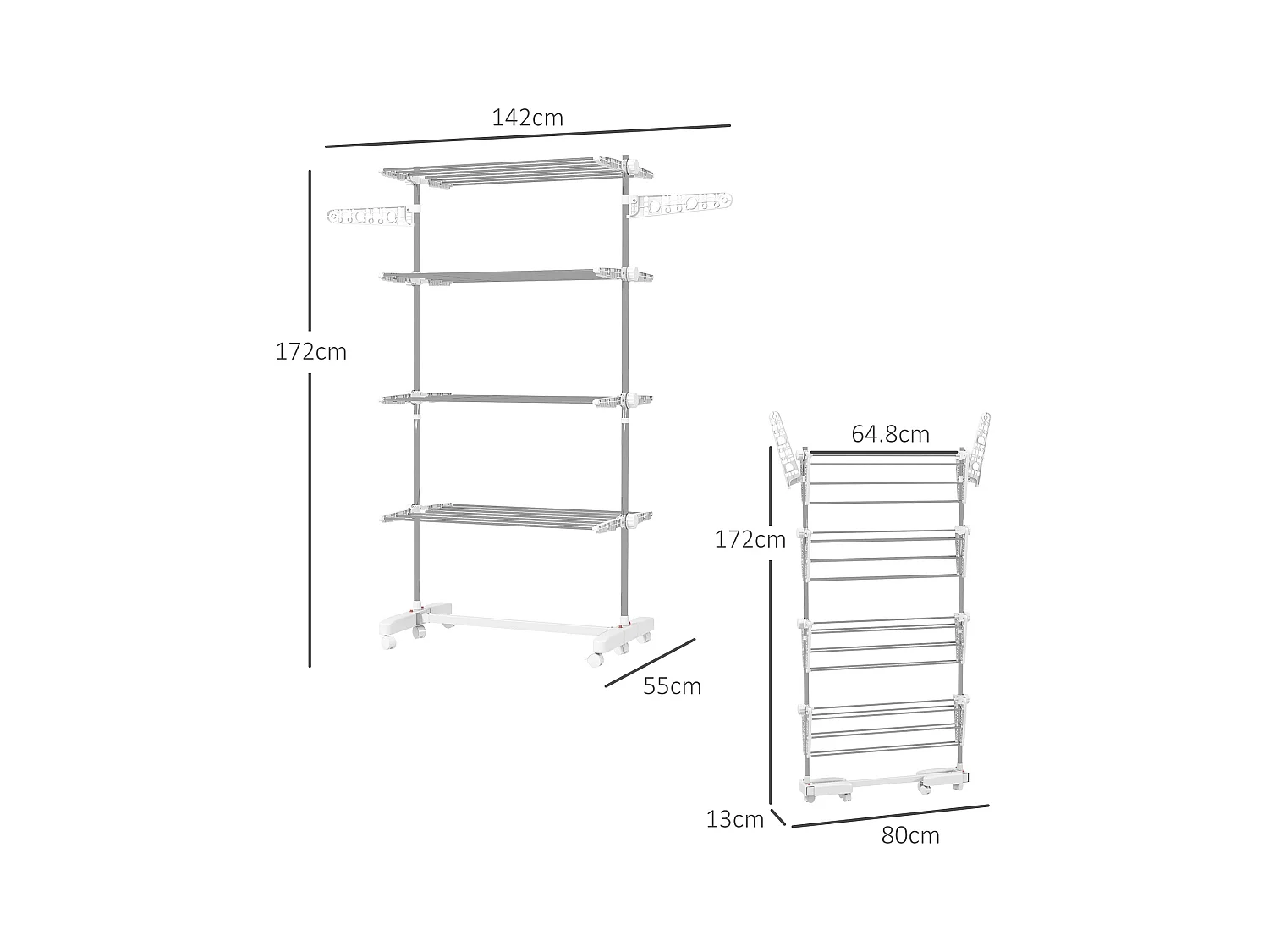 Séchoir à linge mobile pliable avec 4 niveaux, avec roulettes et ailettes ajustables, plastique, blanc (142x55x172 cm)