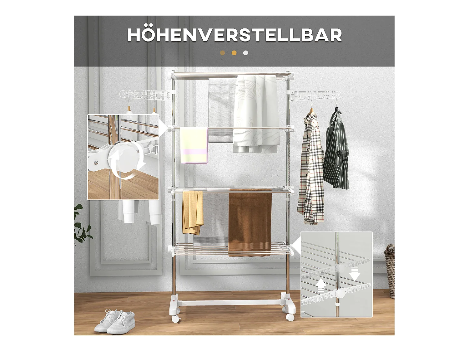 Séchoir à linge mobile pliable avec 4 niveaux, avec roulettes et ailettes ajustables, plastique, blanc (142x55x172 cm)
