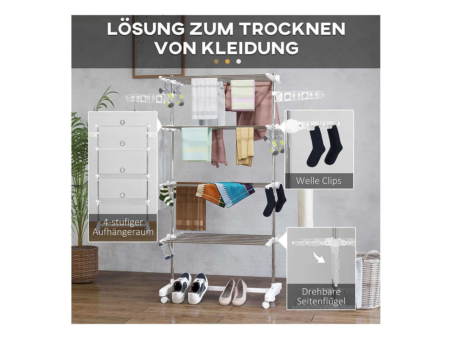 Séchoir à linge mobile pliable avec 4 niveaux, avec roulettes et ailettes ajustables, plastique, blanc (142x55x172 cm)