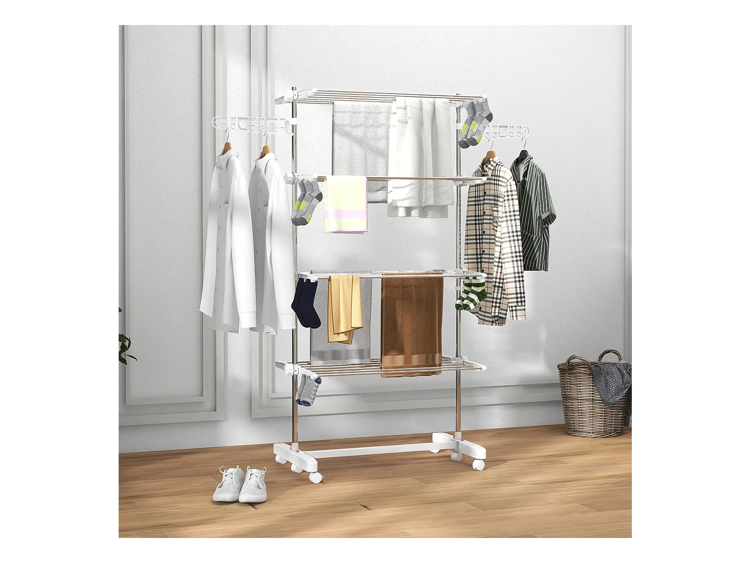 Séchoir à linge mobile pliable avec 4 niveaux, avec roulettes et ailettes ajustables, plastique, blanc (142x55x172 cm)