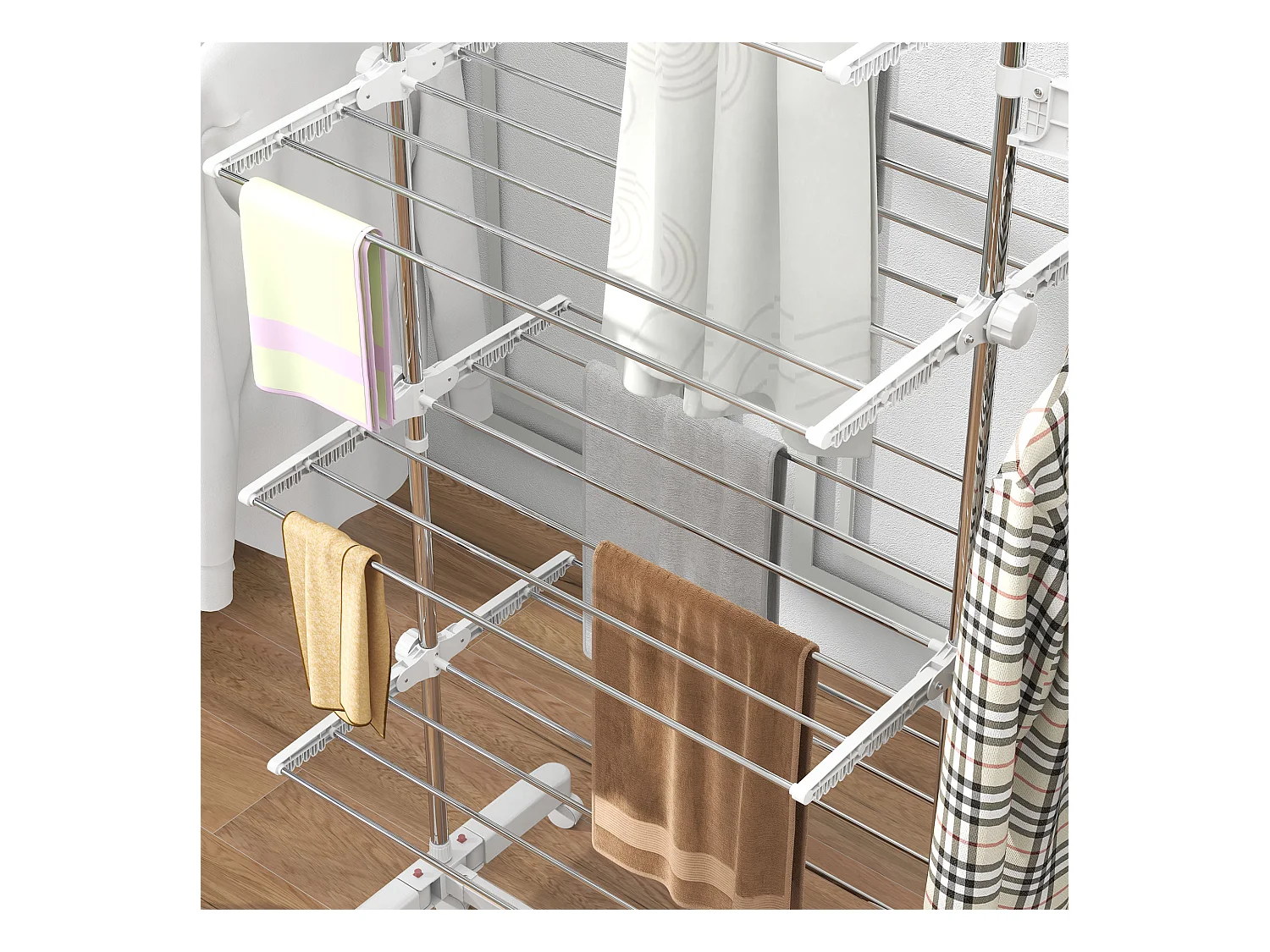 Séchoir à linge mobile pliable avec 4 niveaux, avec roulettes et ailettes ajustables, plastique, blanc (142x55x172 cm)