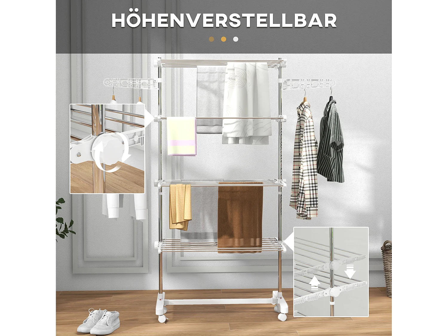 Séchoir à linge mobile pliable avec 4 niveaux, avec roulettes et ailettes ajustables, plastique, blanc (142x55x172 cm)