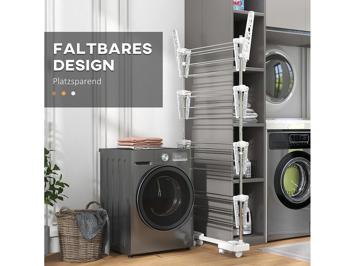 Séchoir à linge mobile pliable avec 4 niveaux, avec roulettes et ailettes ajustables, plastique, blanc (142x55x172 cm)