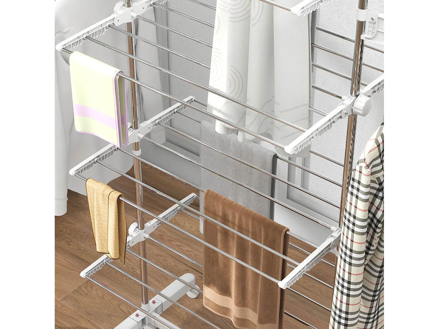 Séchoir à linge mobile pliable avec 4 niveaux, avec roulettes et ailettes ajustables, plastique, blanc (142x55x172 cm)