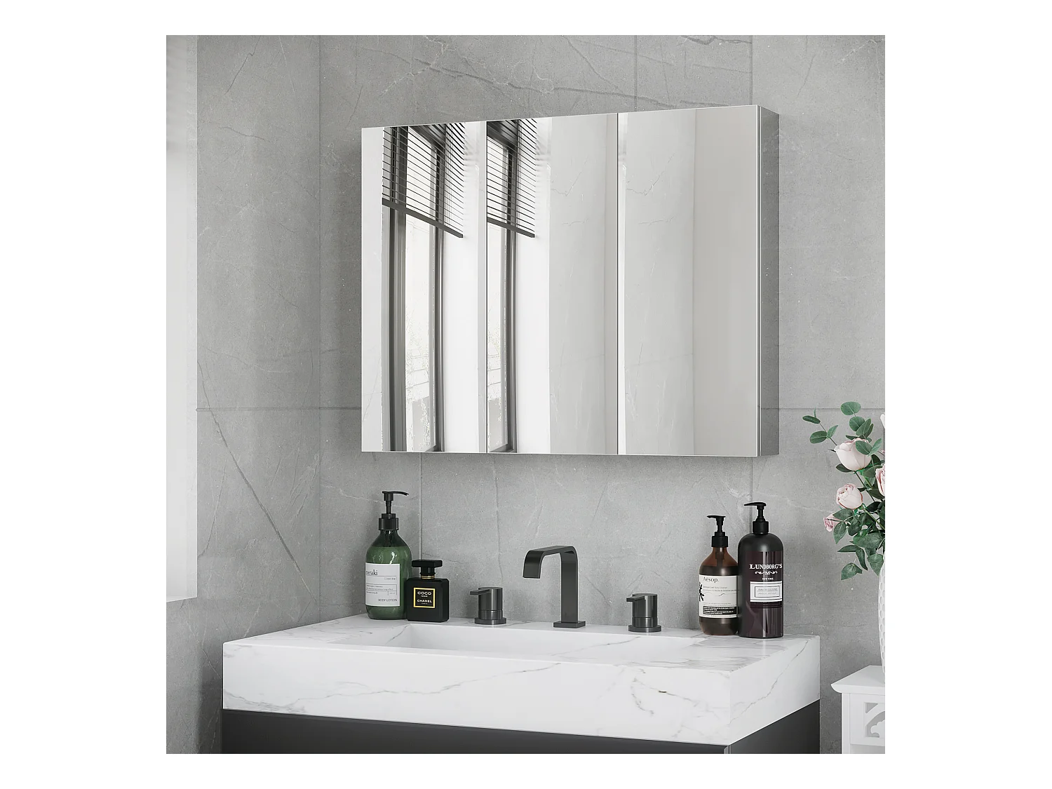 Meuble de salle de bain avec miroir, Étagères en inox, 3 portes vitrées, Argent (70x12x55 cm)