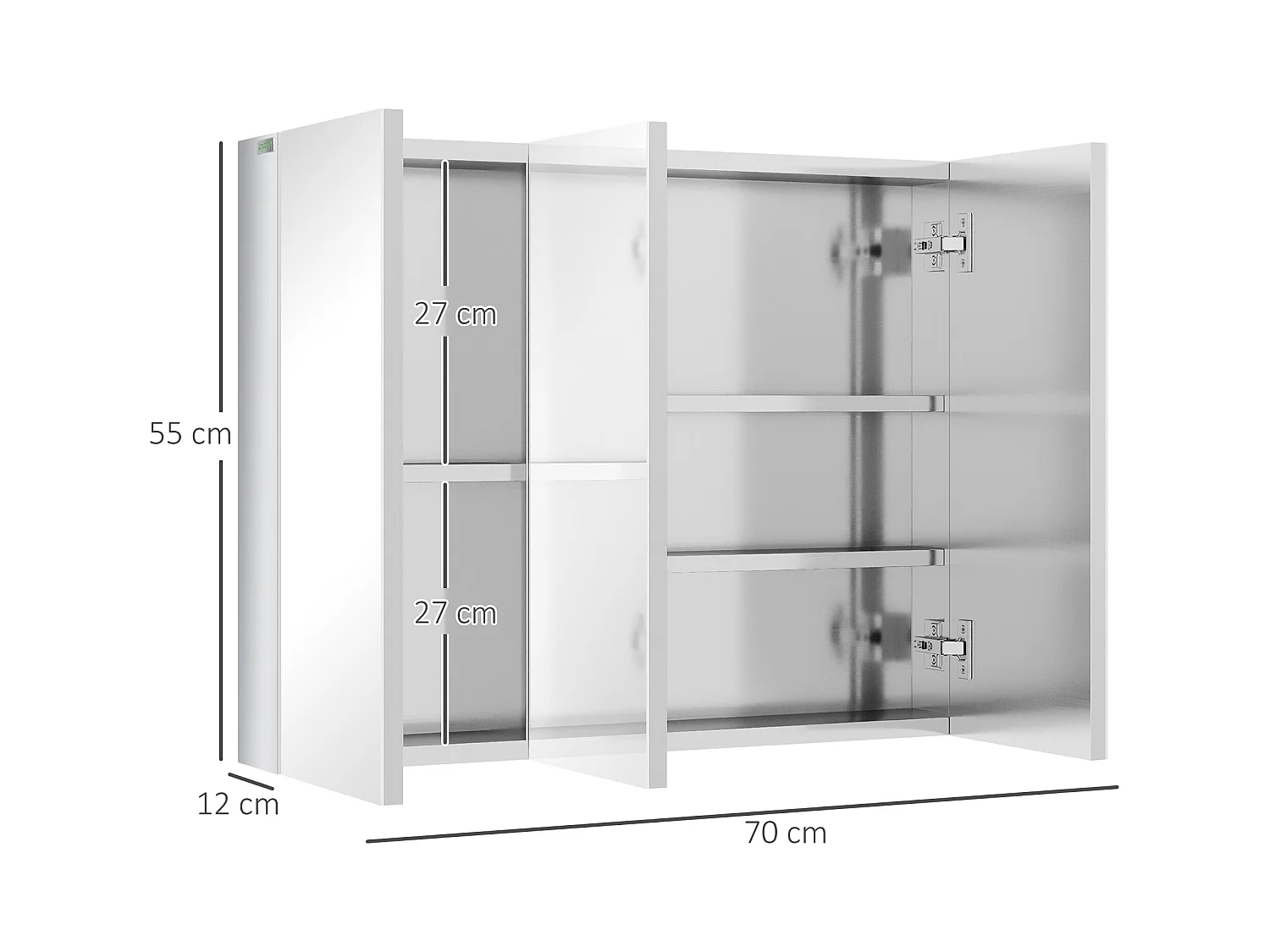 Meuble de salle de bain avec miroir, Étagères en inox, 3 portes vitrées, Argent (70x12x55 cm)