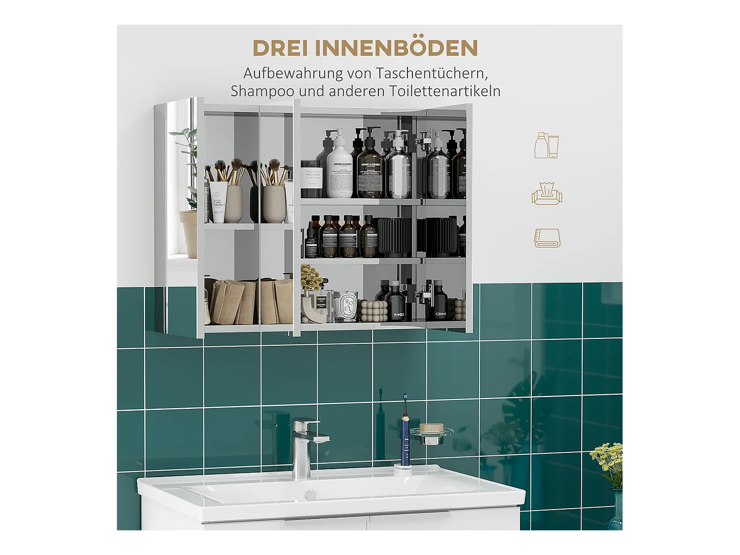 Meuble de salle de bain avec miroir, Étagères en inox, 3 portes vitrées, Argent (70x12x55 cm)