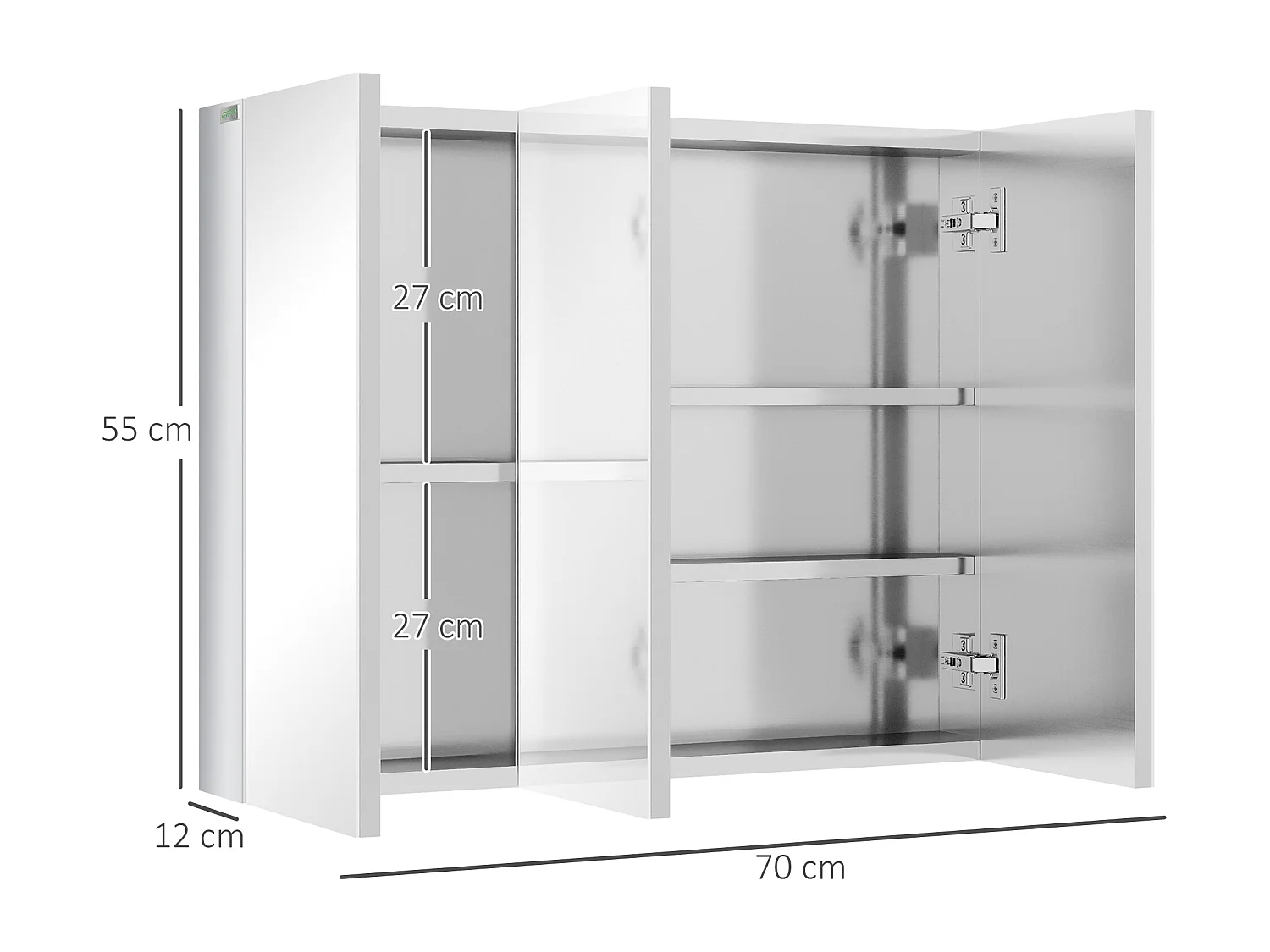Badkamerkast met spiegel, roestvrijstalen planken, 3 glazen deuren, zilver (70x12x55 cm)