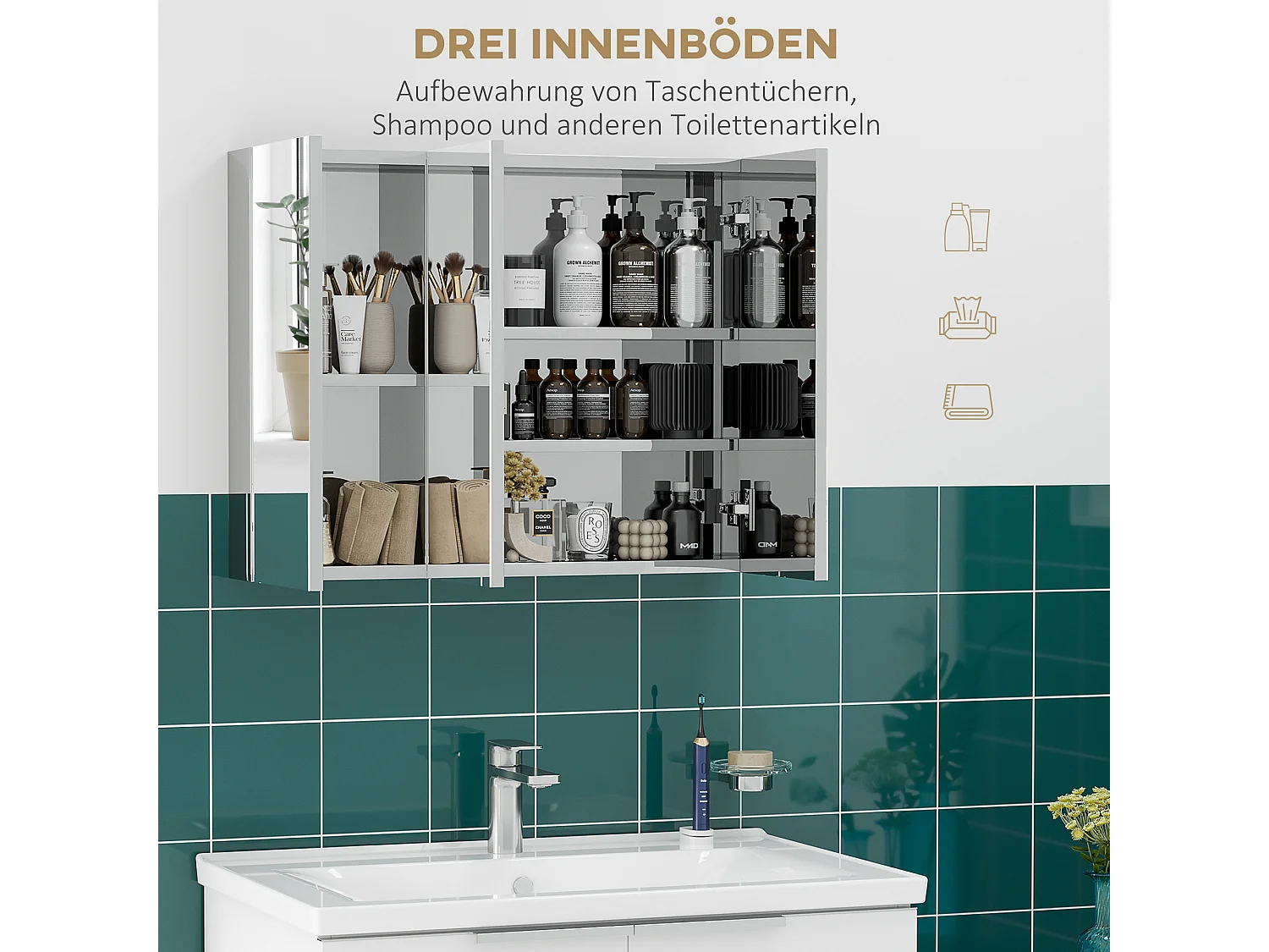 Badkamerkast met spiegel, roestvrijstalen planken, 3 glazen deuren, zilver (70x12x55 cm)