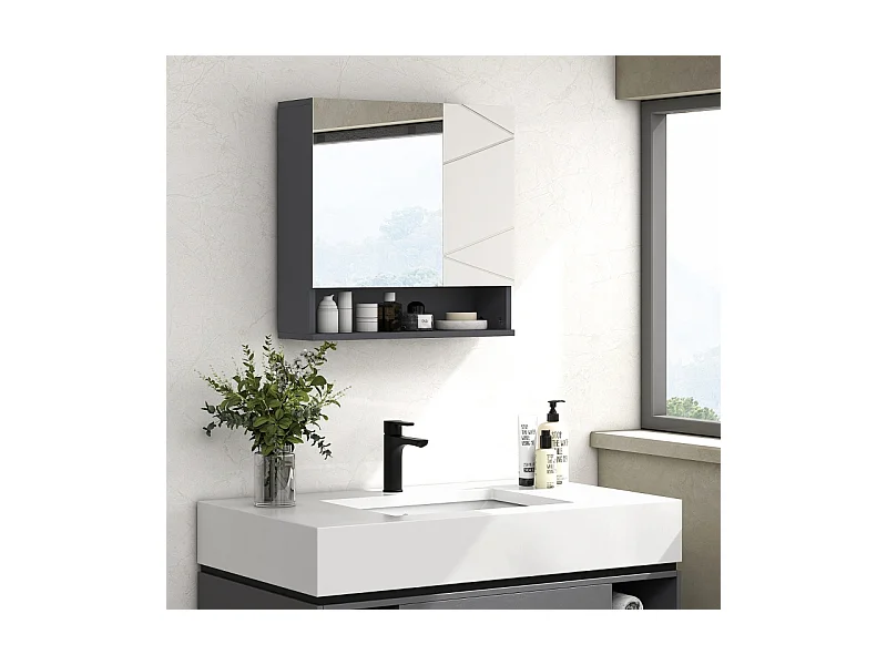 Badezimmerschrank mit Spiegel, 2-türiger Stauraum, verstellbare Regale, Antibeschlagfunktion, für Badezimmer, Wohnzimmer, Grau (55x17x55 cm)