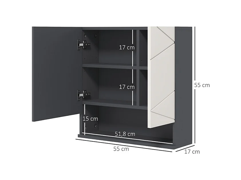 Badezimmerschrank mit Spiegel, 2-türiger Stauraum, verstellbare Regale, Antibeschlagfunktion, für Badezimmer, Wohnzimmer, Grau (55x17x55 cm)