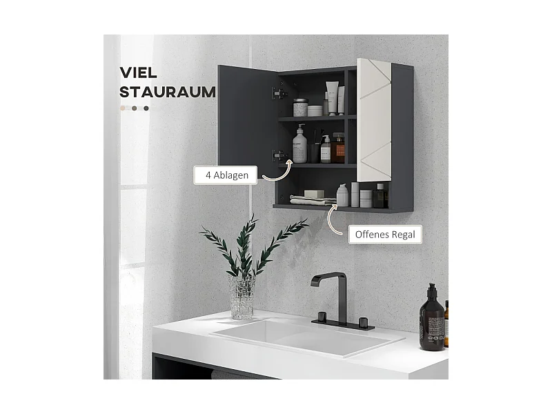 Badezimmerschrank mit Spiegel, 2-türiger Stauraum, verstellbare Regale, Antibeschlagfunktion, für Badezimmer, Wohnzimmer, Grau (55x17x55 cm)