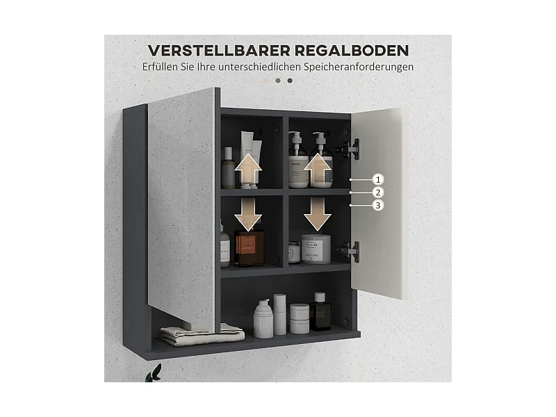 Badezimmerschrank mit Spiegel, 2-türiger Stauraum, verstellbare Regale, Antibeschlagfunktion, für Badezimmer, Wohnzimmer, Grau (55x17x55 cm)