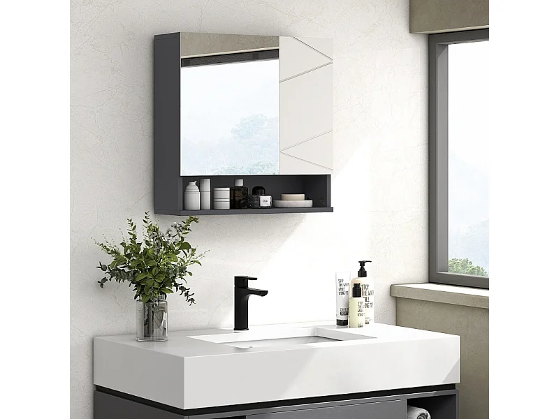 Meuble de salle de bain avec miroir, rangement à 2 portes, étagères réglables, fonction anti-buée, pour salle de bain, salon, gris (55x17x55 cm)