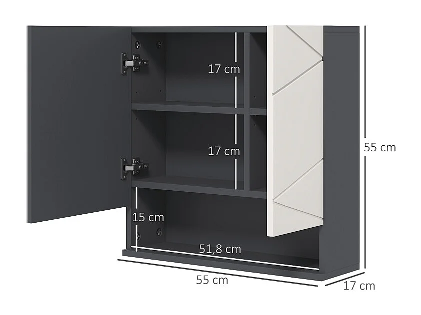Meuble de salle de bain avec miroir, rangement à 2 portes, étagères réglables, fonction anti-buée, pour salle de bain, salon, gris (55x17x55 cm)