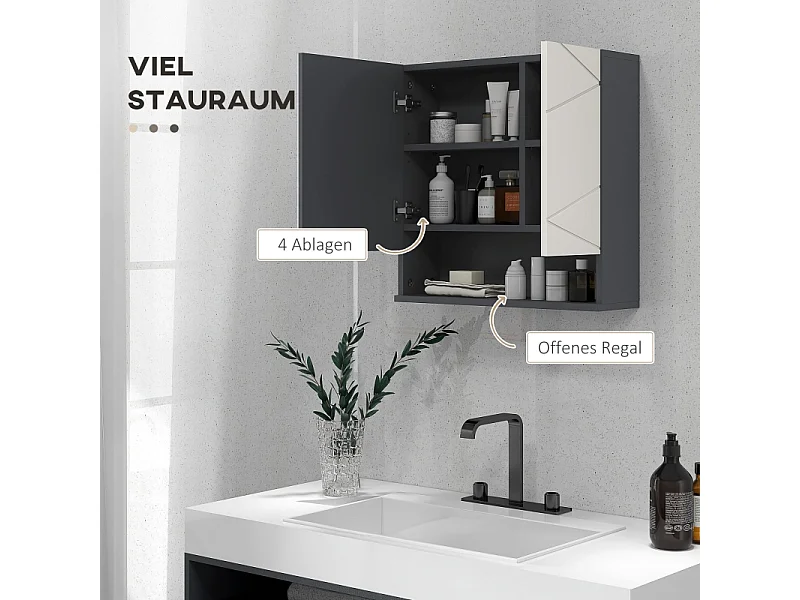 Meuble de salle de bain avec miroir, rangement à 2 portes, étagères réglables, fonction anti-buée, pour salle de bain, salon, gris (55x17x55 cm)