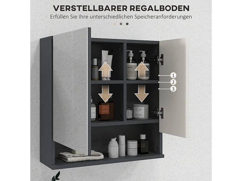 Meuble de salle de bain avec miroir, rangement à 2 portes, étagères réglables, fonction anti-buée, pour salle de bain, salon, gris (55x17x55 cm)