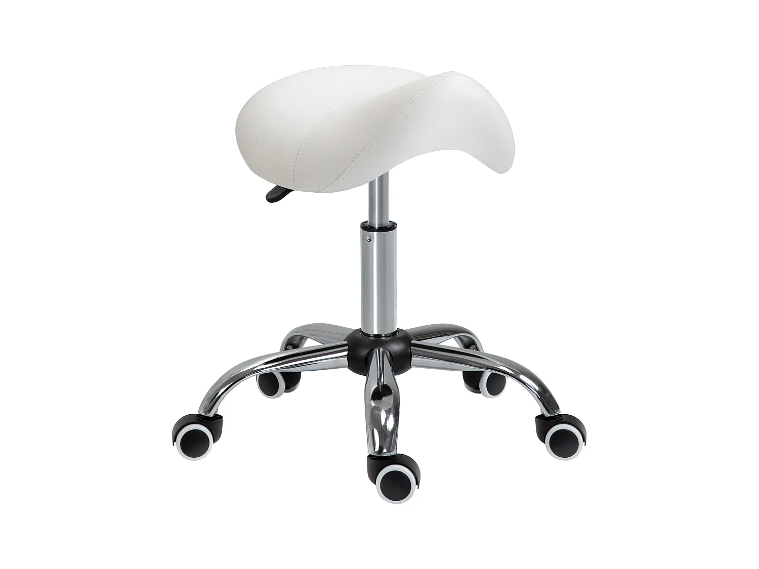 Taburete con ruedas regulable, asiento ergonómico acolchado, metal, blanco (52x53x49 cm)