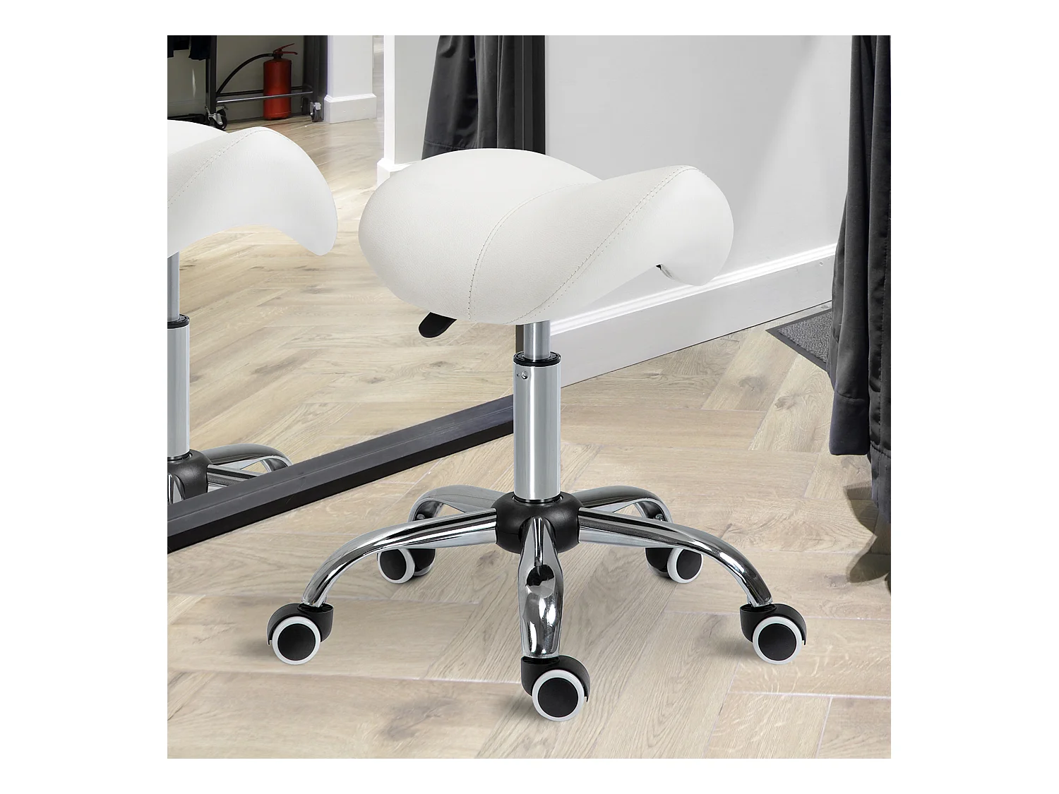 Taburete con ruedas regulable, asiento ergonómico acolchado, metal, blanco (52x53x49 cm)