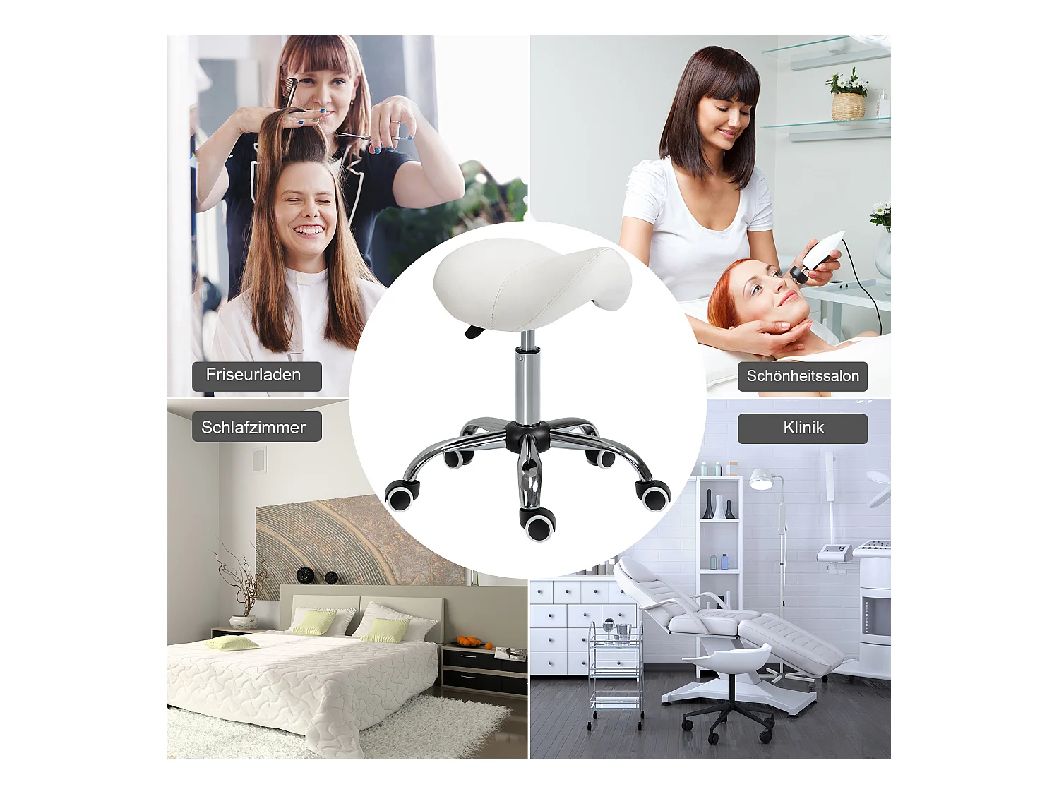 Taburete con ruedas regulable, asiento ergonómico acolchado, metal, blanco (52x53x49 cm)