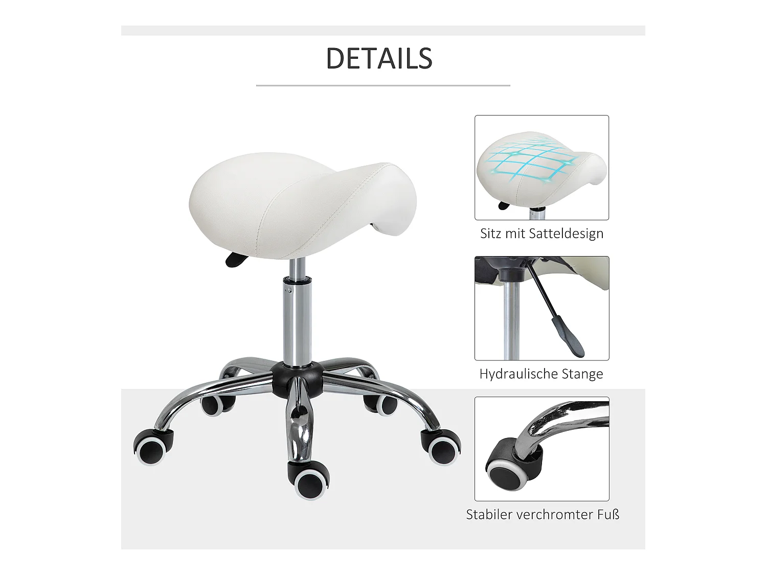 Taburete con ruedas regulable, asiento ergonómico acolchado, metal, blanco (52x53x49 cm)