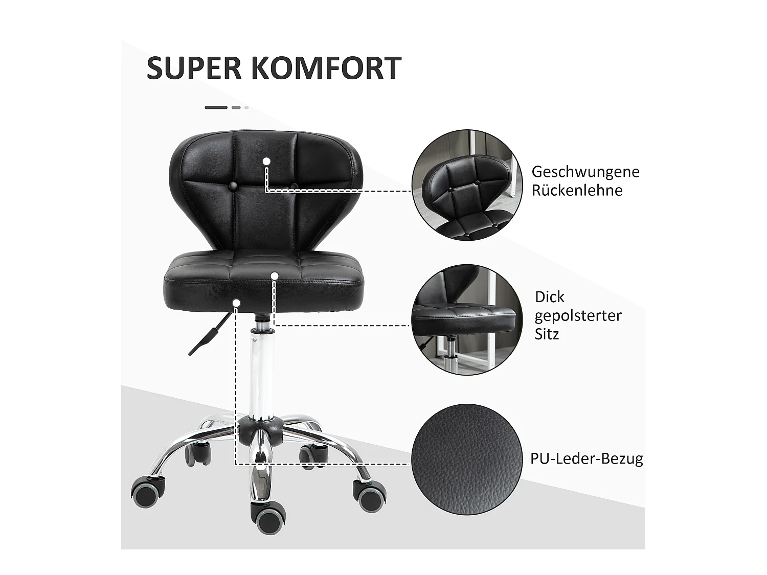 Werkkruk met rugleuning, in hoogte verstelbaar, kunstleer en staal, donkergrijs (45x47x72-87cm)