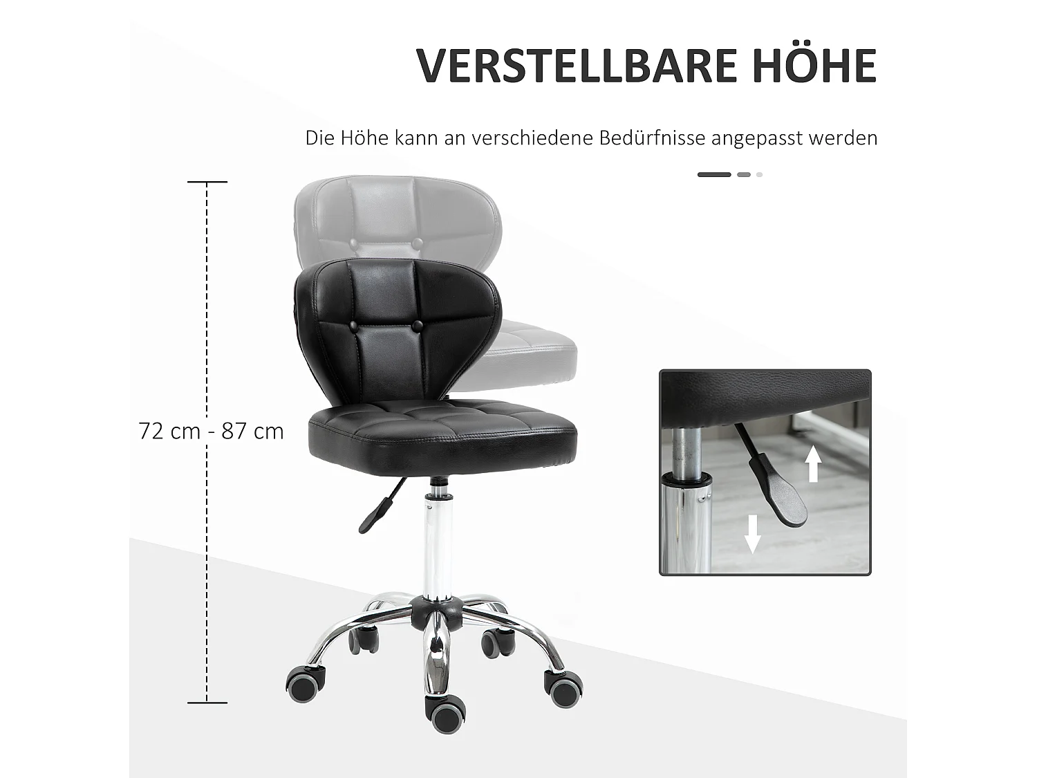 Tabouret de travail avec dossier, réglable en hauteur, simili cuir et acier, gris foncé (45x47x72-87cm)