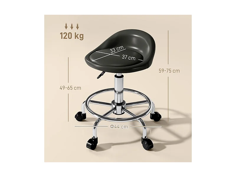 Taburete con ruedas regulable, con respaldo y reposapiés, piel sintética, color negro (43x43x59-75 cm)
