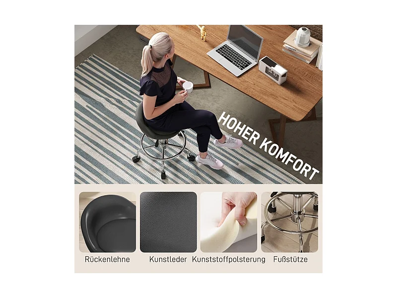 Taburete con ruedas regulable, con respaldo y reposapiés, piel sintética, color negro (43x43x59-75 cm)