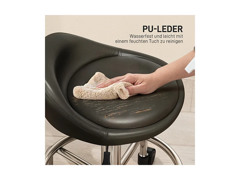 Taburete con ruedas regulable, con respaldo y reposapiés, piel sintética, color negro (43x43x59-75 cm)