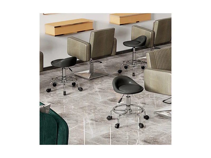 Taburete con ruedas regulable, con respaldo y reposapiés, piel sintética, color negro (43x43x59-75 cm)