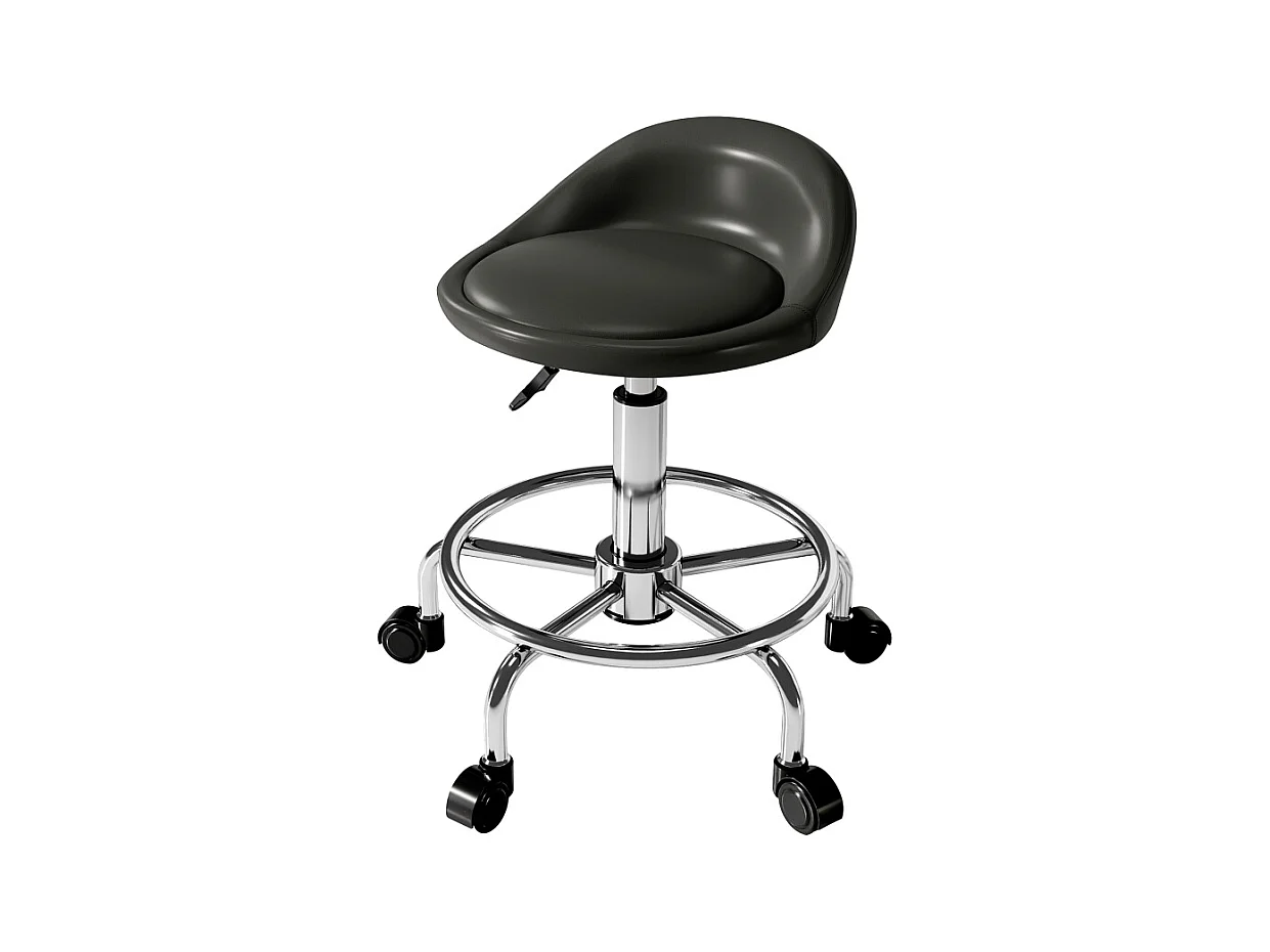 Tabouret roulant réglable, avec dossier et repose-pieds, simili cuir, noir (43x43x59-75 cm)