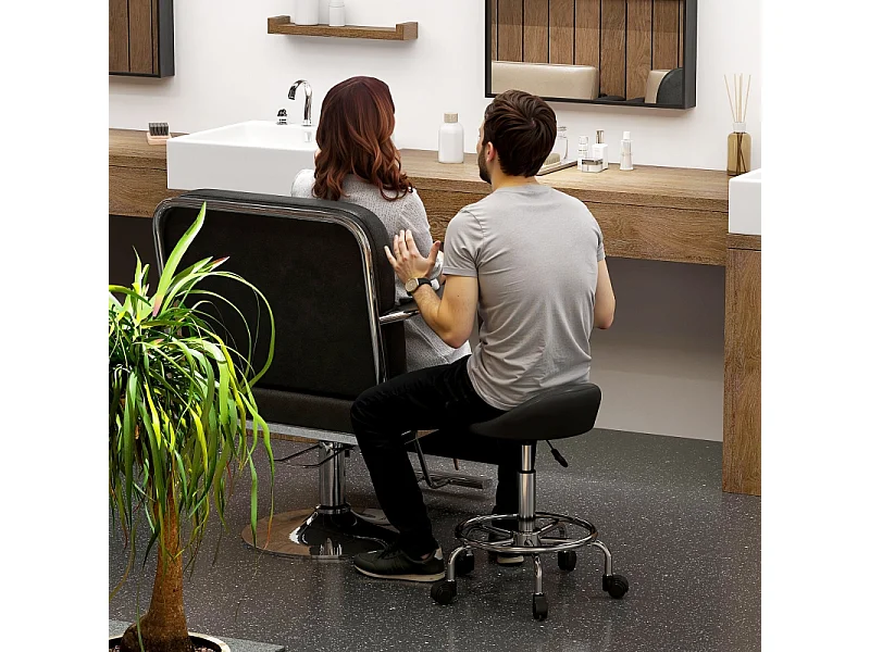 Tabouret roulant réglable, avec dossier et repose-pieds, simili cuir, noir (43x43x59-75 cm)