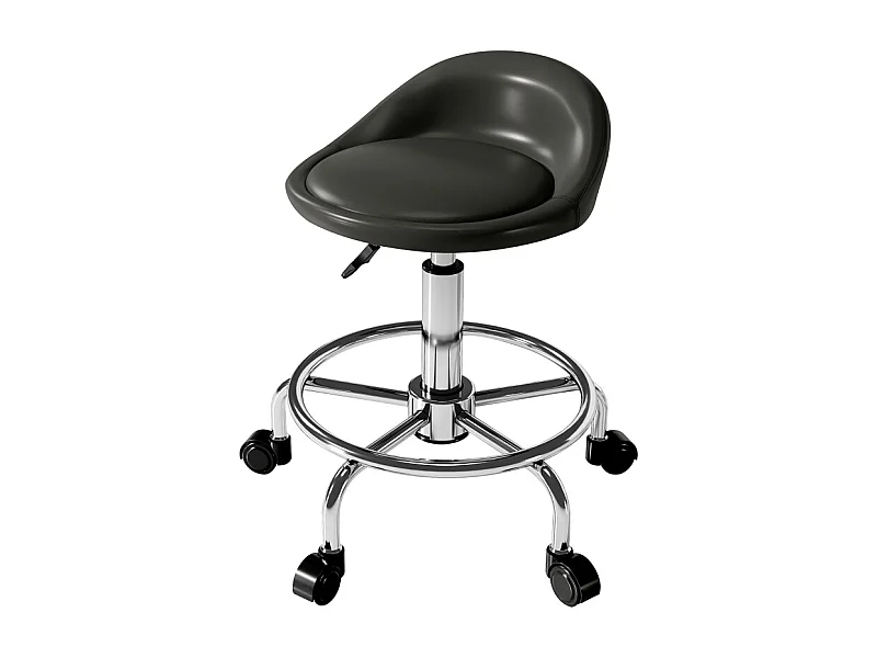 Taburete con ruedas regulable, con respaldo y reposapiés, piel sintética, color negro (43x43x59-75 cm)