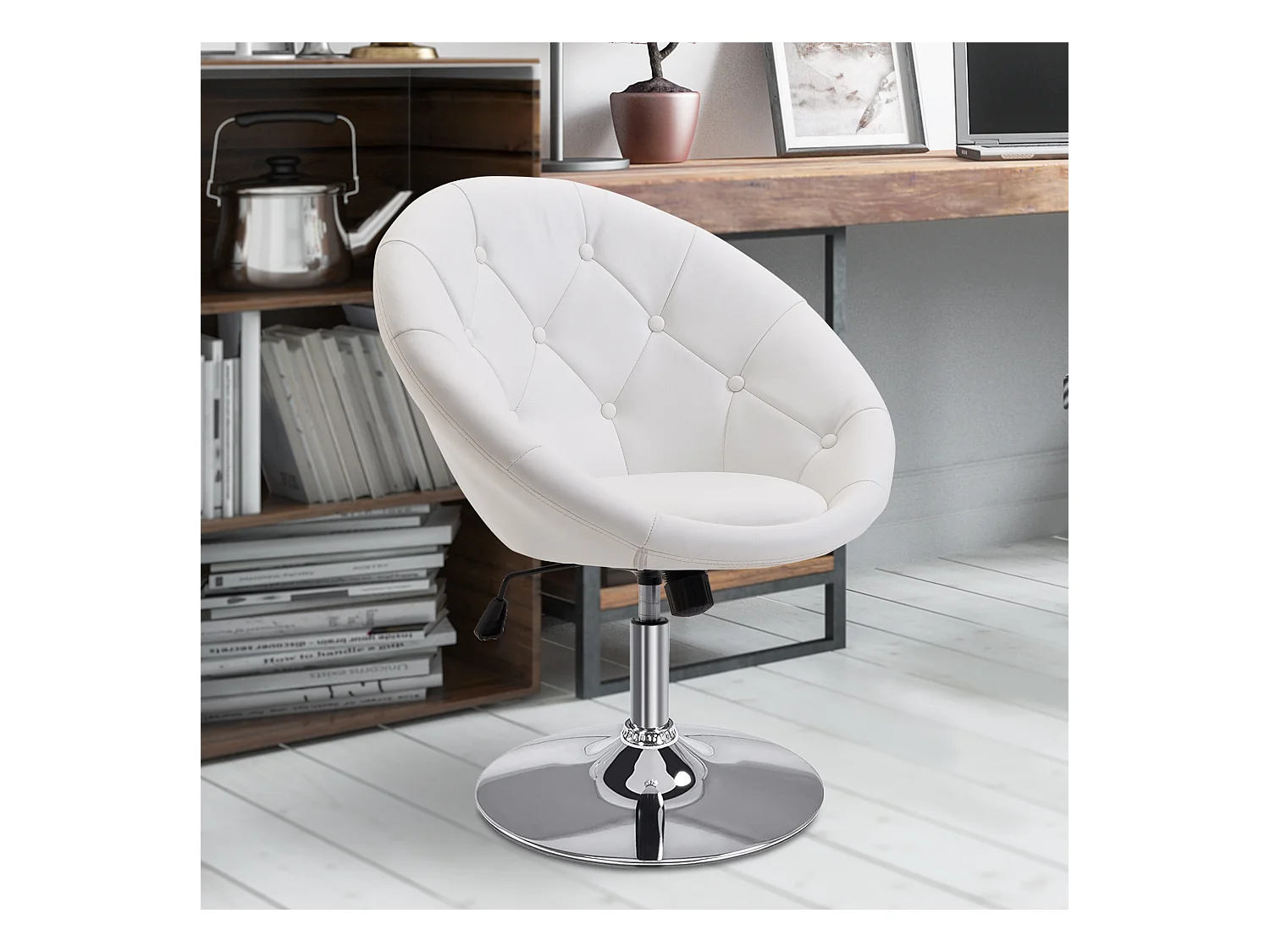 Tabouret de travail pivotant, hauteur réglable, PU blanc et noir, acier chromé (56x71x78-90cm)