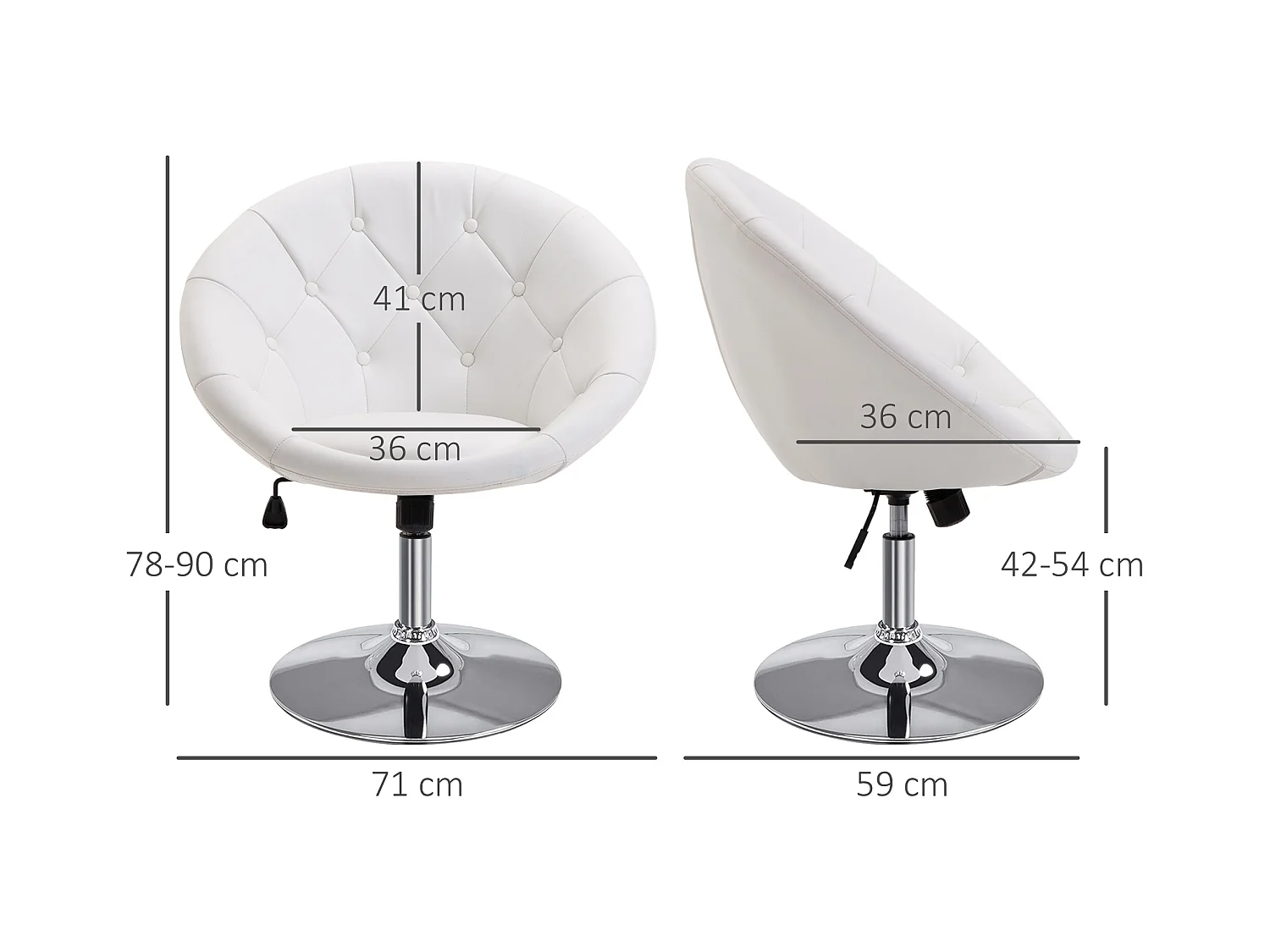 Tabouret de travail pivotant, hauteur réglable, PU blanc et noir, acier chromé (56x71x78-90cm)