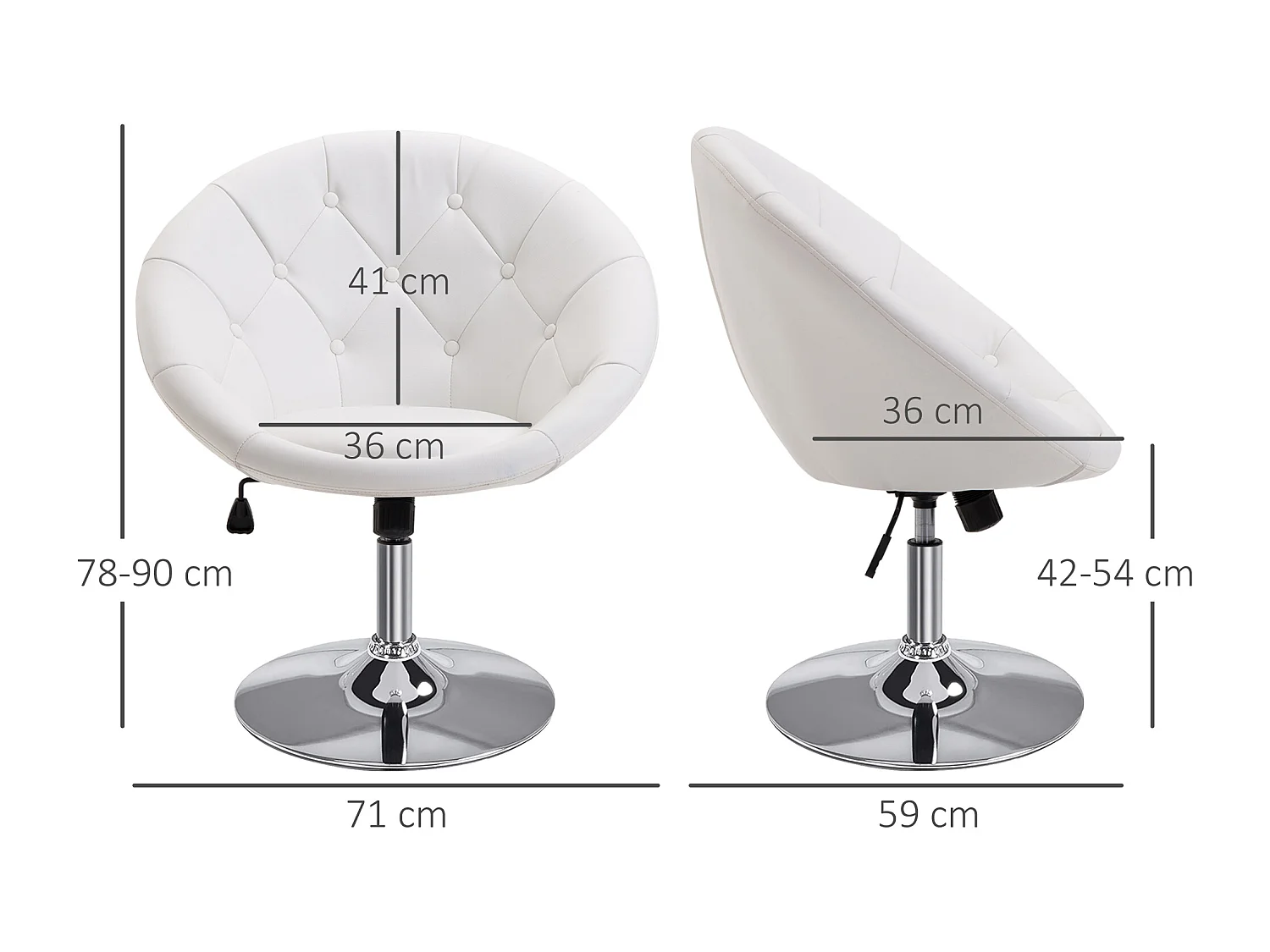 Tabouret de travail pivotant, hauteur réglable, PU blanc et noir, acier chromé (56x71x78-90cm)