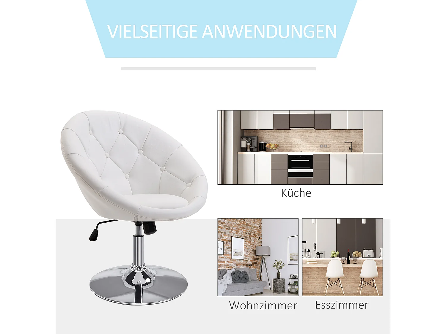 Tabouret de travail pivotant, hauteur réglable, PU blanc et noir, acier chromé (56x71x78-90cm)