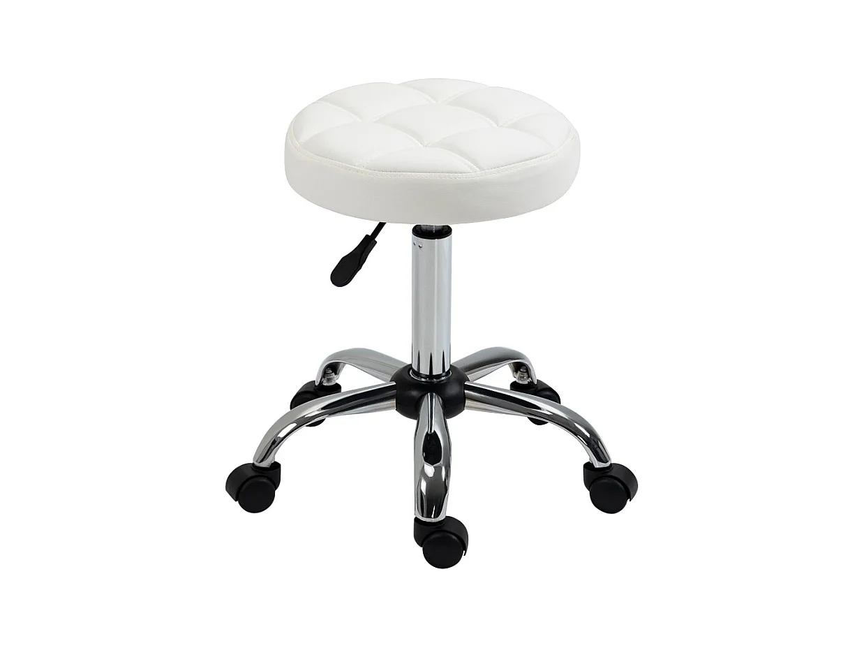 Tabouret roulant, hauteur réglable, en simili cuir, blanc (Ø35.5x51-67 cm)