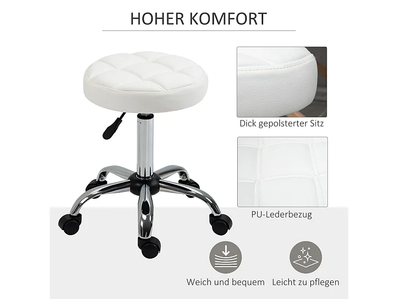 Tabouret roulant, hauteur réglable, en simili cuir, blanc (Ø35.5x51-67 cm)