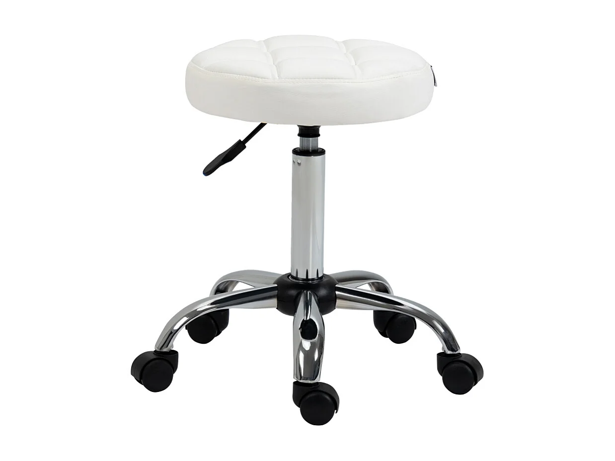 Tabouret roulant, hauteur réglable, en simili cuir, blanc (Ø35.5x51-67 cm)