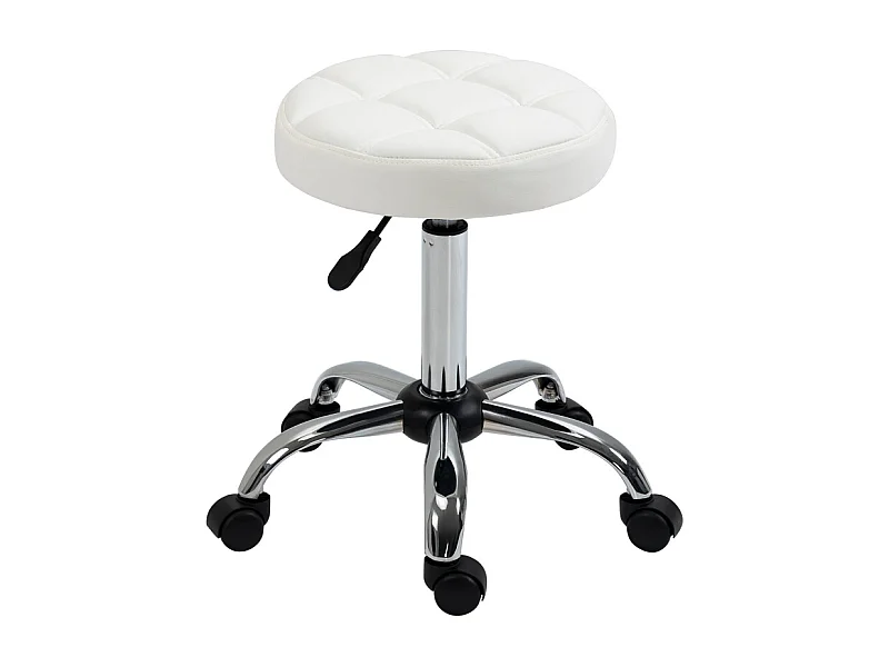 Tabouret roulant, hauteur réglable, en simili cuir, blanc (Ø35.5x51-67 cm)