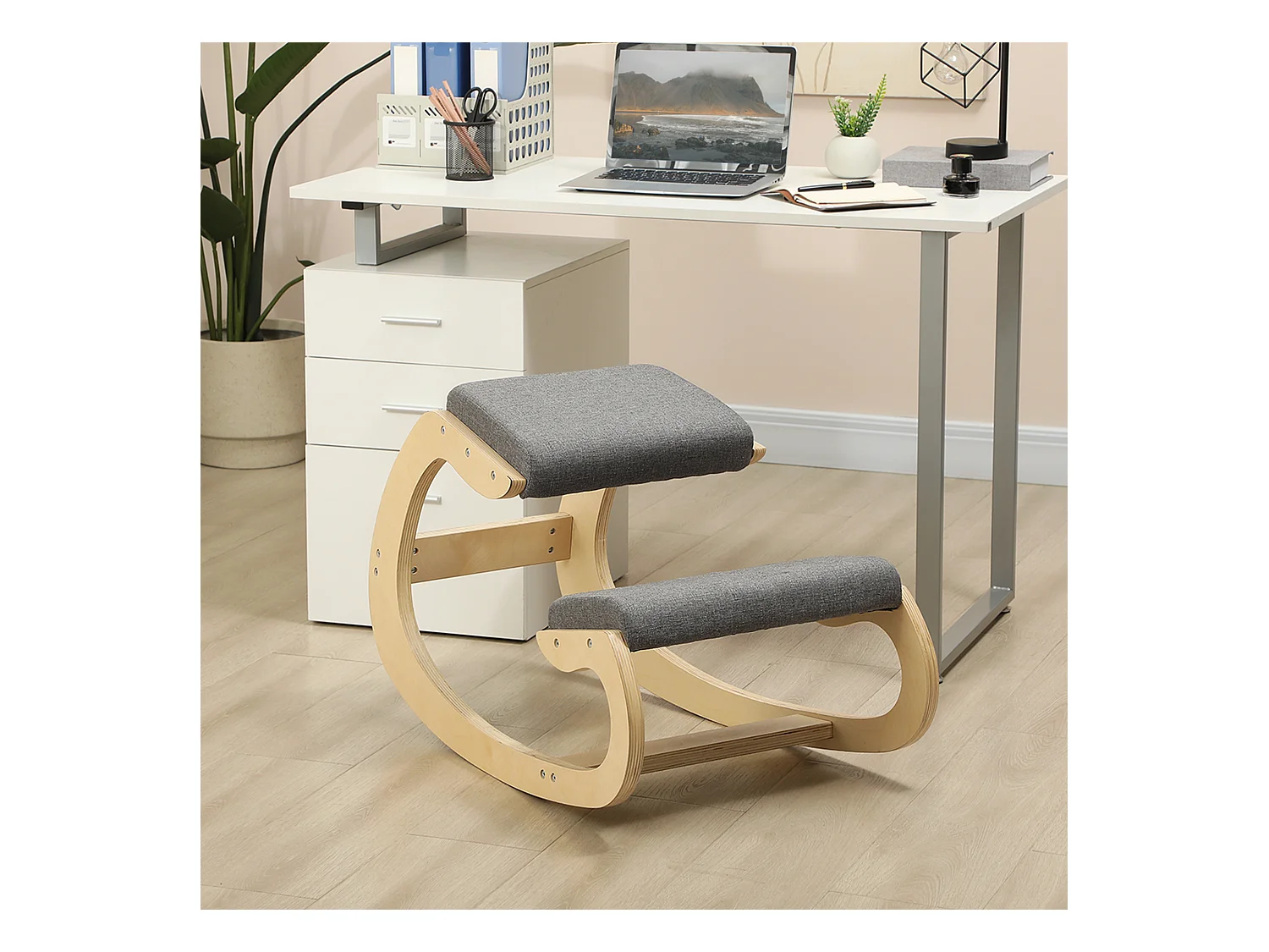 Siège ergonomique à genoux, avec fonction basculante, bois, gris (54.5x85x54 cm)