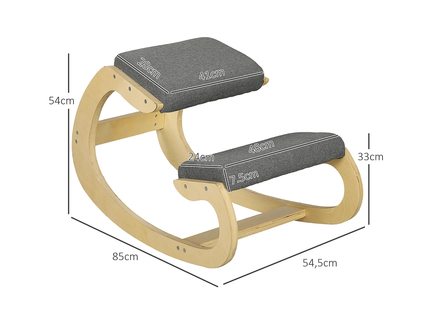 Siège ergonomique à genoux, avec fonction basculante, bois, gris (54.5x85x54 cm)